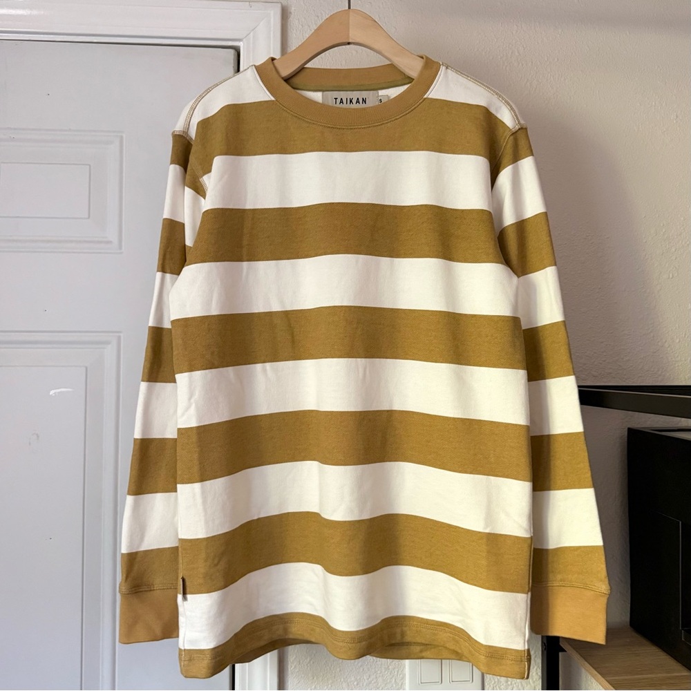 TAIKAN white mustard yellow‎ striped cotton crew neck long sleeve pullover shirt